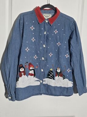 Tantrums Christmas Denim Button Down Snowman Christmas Plaid Women’s XLarge